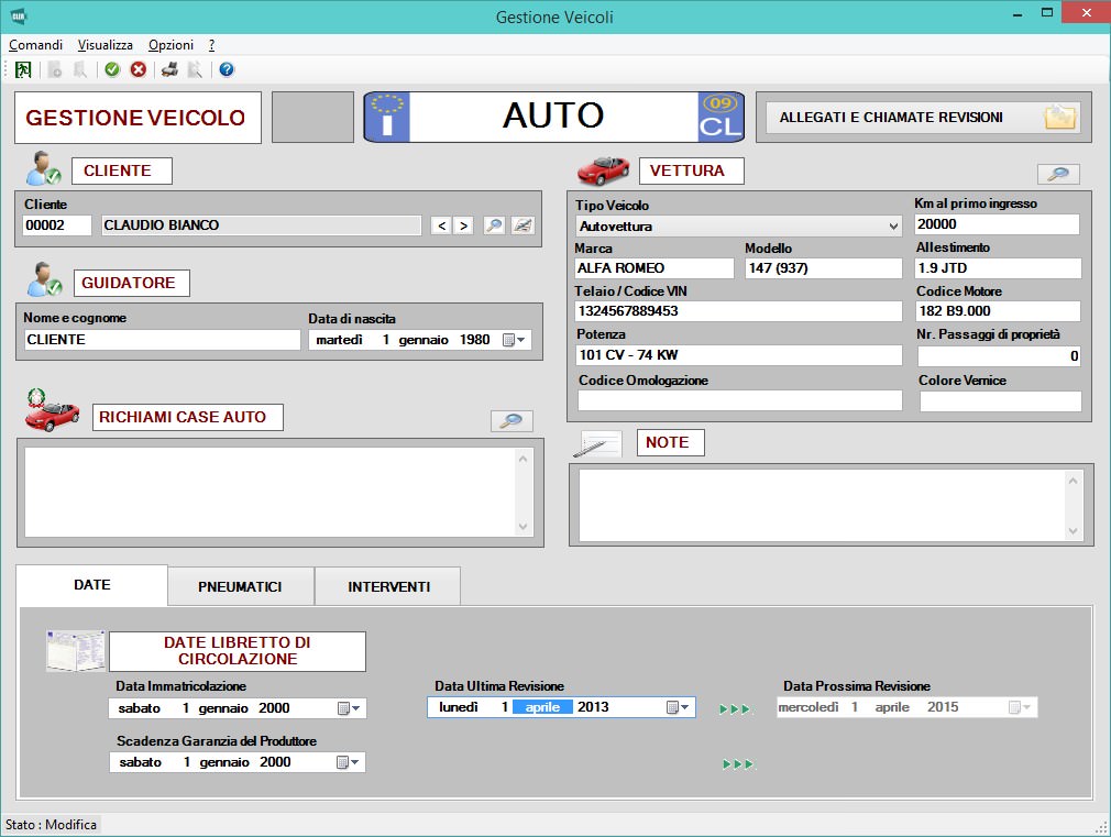 Anagrafica veicolo officina Anagrafica veicolo officina